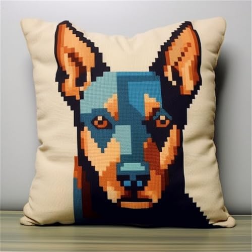 ORLUMY Diy Knüpfkissen Zum Selber Knüpfen Dobermann Pinscher Tier Knüpfhaken-Sets Süßer Hund 3D Kissen Materialien Paketbezug Knüpfhaken-Sets Kissen Stickset Basteln Heimdekoration 43x43cm von ORLUMY