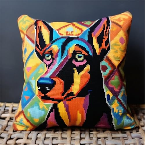 ORLUMY Diy Knüpfkissen Zum Selber Knüpfen Dobermann Pinscher Tier Knüpfpackungen Farbiger Hund 3D Kissen Materialien Paketbezug Knüpfpackungen Kissen Stickset Basteln Heimdekoration 43x43cm von ORLUMY