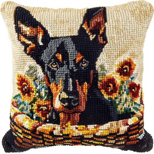 ORLUMY Diy Knüpfkissen Zum Selber Knüpfen Dobermann Pinscher Tier Knüpfpackungen Hund Und Blumenkorb 3D Kissen Materialien Paketbezug Knüpfpackungen Kissen Stickset Basteln Heimdekoration 43x43cm von ORLUMY