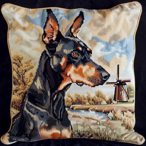 ORLUMY Diy Knüpfkissen Zum Selber Knüpfen Dobermann Pinscher Tier Knüpfpackungen Hund Und Landschaft 3D Kissen Materialien Paketbezug Knüpfpackungen Kissen Stickset Bastelset Heimdekoration 43x43cm von ORLUMY