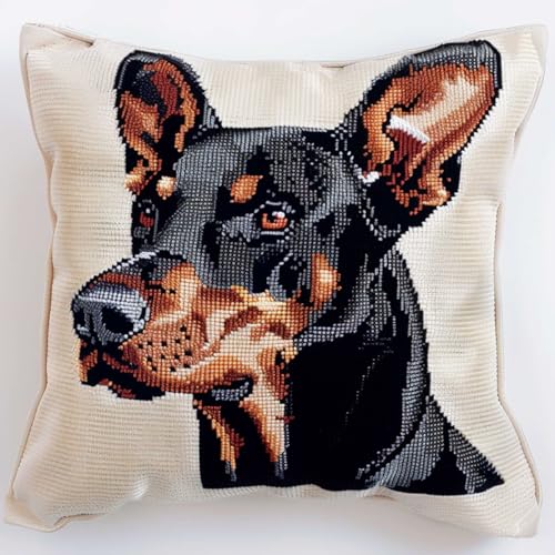 ORLUMY Diy Knüpfkissen Zum Selber Knüpfen Dobermann Pinscher Tier Knüpfpackungen Hundeportrait 3D Kissen Materialien Paketbezug Knüpfpackungen Kissen Stickset Bastelset Heimdekoration 43x43cm von ORLUMY