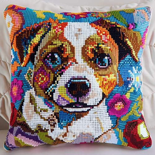 ORLUMY Diy Knüpfkissen Zum Selber Knüpfen Farbige Tiere Knüpfhaken-Sets,Hund Und Blumen,Diy-Haken,Gestrickt,Bestickt,Teppich,Kissen,Stickerei,Knüpfhaken-Teppich-Set 43x43cm von ORLUMY