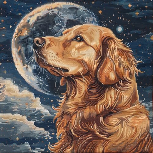 ORLUMY Diy Knüpfkissen Zum Selber Knüpfen Golden Retriever Tier Knüpfpackungen Hund Und Mond 3D Kissen Materialien Paketbezug Knüpfpackungen Kissen Stickset Basteln Heimdekoration 43x43cm von ORLUMY