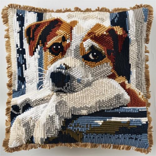 ORLUMY Diy Knüpfkissen Zum Selber Knüpfen Jack-Russell-Terrier-Tier-Knüpfhaken-Set,Hund Am Fenster,Diy-Haken,Gestrickt,Bestickter Teppich,Kissen,Stickerei,Knüpfhaken-Teppich-Set 43x43cm von ORLUMY