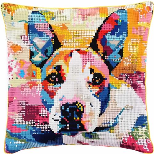 ORLUMY Diy Knüpfkissen Zum Selber Knüpfen Knüpfhaken-Set Mit Bullterrier-Tier,Hund Und Blumen,Diy-Haken,Gestrickt,Bestickter Teppich,Kissen,Stickerei,Knüpfhaken-Teppich-Set 43x43cm von ORLUMY