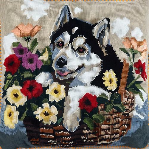 ORLUMY Diy Knüpfkissen Zum Selber Knüpfen Knüpfhaken-Set Mit Husky-Hund Und Blumenkorb,Diy-Haken,Gestrickt,Bestickt,Teppich,Kissen,Stickerei,Knüpfhaken-Teppich-Set 43x43cm von ORLUMY