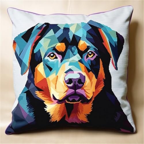 ORLUMY Diy Knüpfkissen Zum Selber Knüpfen Knüpfhaken-Set Mit Rottweiler-Tiermotiv,Geometrischer Hund,Diy-Haken,Gestrickt,Bestickt,Teppich,Kissen,Stickerei,Knüpfhaken-Teppich-Set 43x43cm von ORLUMY