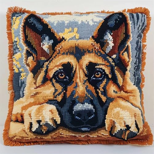 ORLUMY Diy Knüpfkissen Zum Selber Knüpfen Knüpfhaken-Set Mit Tiermotiv,Deutscher Schäferhund,Hund Am Fenster,Diy-Haken,Gestrickt,Bestickter Teppich,Kissen,Stickerei,Knüpfhaken-Teppich-Set 43x43cm von ORLUMY