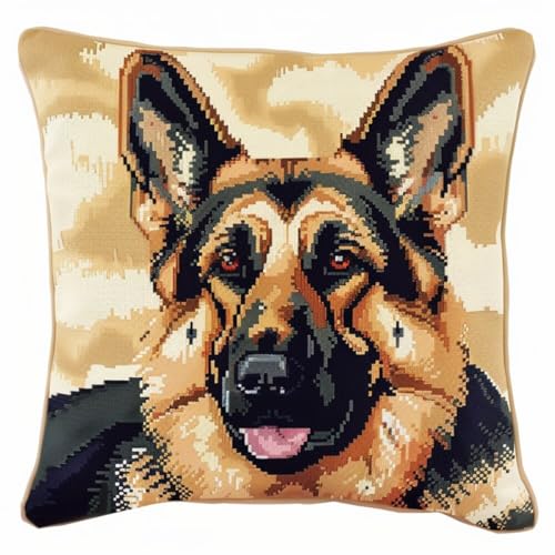 ORLUMY Diy Knüpfkissen Zum Selber Knüpfen Knüpfhaken-Set Mit Tiermotiv,Deutscher Schäferhund,Hundeportrait,Diy-Haken,Gestrickt,Bestickter Teppich,Kissen,Stickerei,Knüpfhaken-Teppich-Set 43x43cm von ORLUMY