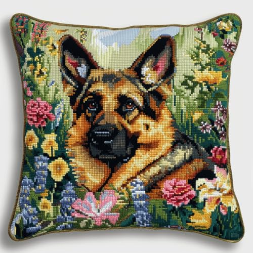 ORLUMY Diy Knüpfkissen Zum Selber Knüpfen Knüpfhaken-Set Mit Tiermotiv „Deutscher Schäferhund“,Hund Und Blumen,Diy-Haken,Gestrickt,Bestickt,Teppich,Kissen,Stickerei,Knüpfhaken-Teppich-Set 43x43cm von ORLUMY