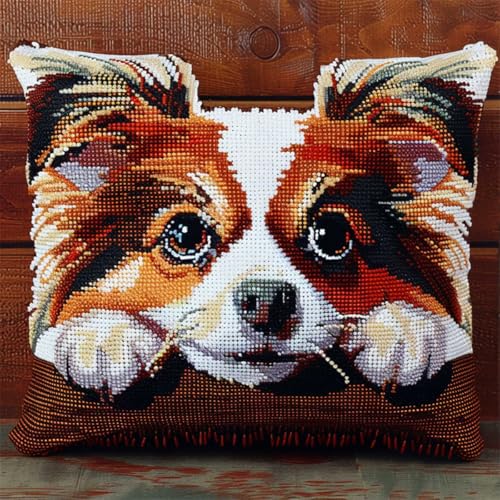 ORLUMY Diy Knüpfkissen Zum Selber Knüpfen Knüpfhaken-Set Mit Tiermotiv „Papillon“ – Süßer Hund – Diy-Haken – Gestrickter Bestickter Teppich – Kissenstickerei – Knüpfhaken-Teppich-Set 43x43cm von ORLUMY