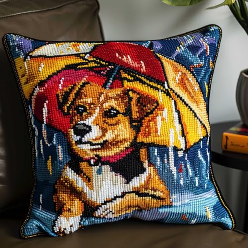 ORLUMY Diy Knüpfkissen Zum Selber Knüpfen Knüpfhaken-Sets Mit Cartoon-Tieren,Hund Und Regenschirm,3D-Kissen,Materialpaket,Knüpfhaken-Set,Kissen-Stickset,Bastel- Und Heimdekoration 43x43cm von ORLUMY