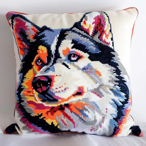 ORLUMY Diy Knüpfkissen Zum Selber Knüpfen Knüpfpackungen Mit Husky-Hund,Farbiger Hund,3D-Kissen,Materialpaket,Bezug,Knüpfpackungen,Kissen-Stickset,Bastelset,Heimdekoration 43x43cm von ORLUMY