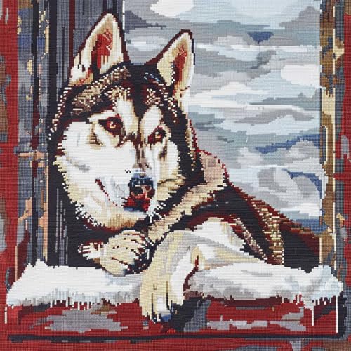 ORLUMY Diy Knüpfkissen Zum Selber Knüpfen Knüpfpackungen Mit Husky-Hund Und Tiermotiv,3D-Kissen,Materialpaket,Knüpfpackungen,Kissen-Stickset,Bastelset,Heimdekoration 43x43cm von ORLUMY