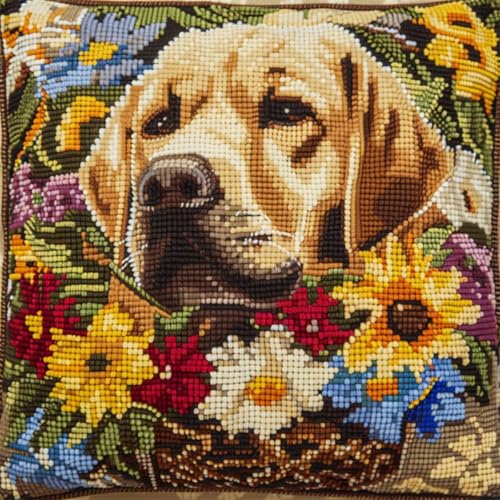 ORLUMY Diy Knüpfkissen Zum Selber Knüpfen Labrador Retriever Tier Knüpfhaken Kits Hund Im Blumenkorb Diy Haken Gestrickter Bestickter Teppich Kissen Stickerei Knüpfhaken Teppich Kit 43x43cm von ORLUMY