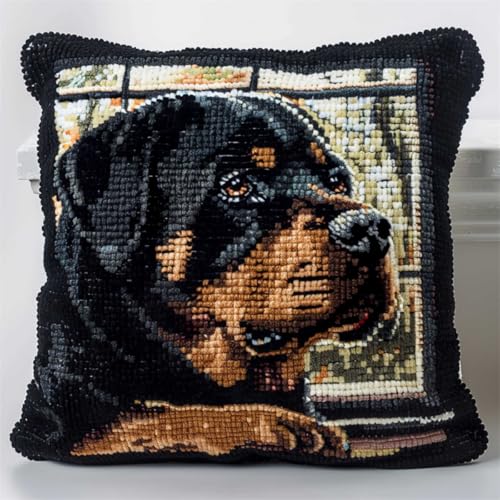 ORLUMY Diy Knüpfkissen Zum Selber Knüpfen Rottweiler Tier Knüpfhaken Kits Hund Am Fenster 3D Kissen Materialien Paketbezug Knüpfhaken Kits Kissen Stickerei Set Handwerk Heimdekoration 43x43cm von ORLUMY