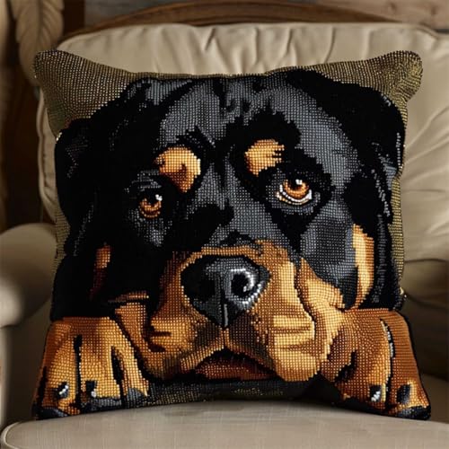 ORLUMY Diy Knüpfkissen Zum Selber Knüpfen Rottweiler Tier-Knüpfhaken-Set,Cartoon-Hund,Diy-Haken,Gestrickt,Bestickt,Teppich,Kissen,Stickerei,Knüpfhaken-Teppich-Set 43x43cm von ORLUMY