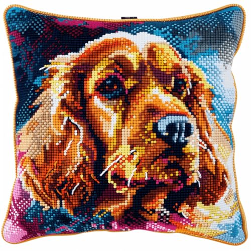 ORLUMY Diy Knüpfkissen Zum Selber Knüpfen Spaniel Tier Knüpfhaken-Sets Farbiger Hund 3D Kissen Materialien Paketbezug Knüpfhaken-Sets Kissen Stickset Basteln Heimdekoration 43x43cm von ORLUMY