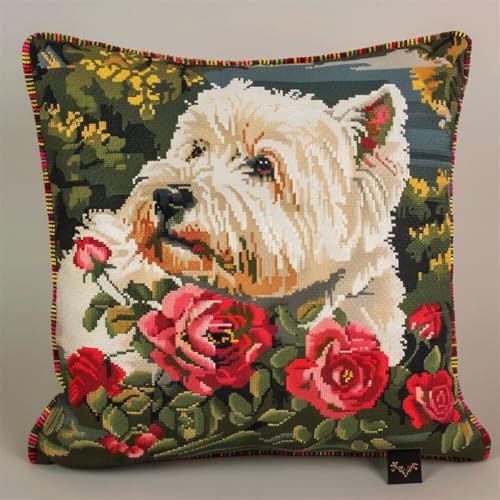 ORLUMY Diy Knüpfkissen Zum Selber Knüpfen West Highland White Terrier Tier Knüpfhaken Kits Hund Und Blumen Diy Haken Gestrickter Bestickter Teppich Kissen Stickerei Knüpfhaken Teppich Kit 43x43cm von ORLUMY