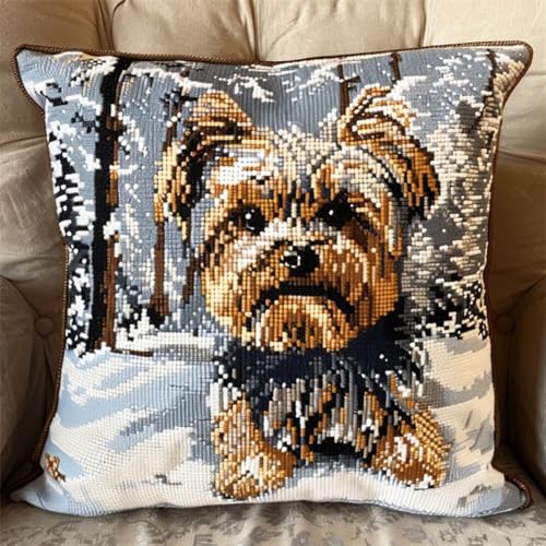 ORLUMY Diy Knüpfkissen Zum Selber Knüpfen Yorkshire Terrier Tier Knüpfhaken Kits Hund Im Schnee Diy Haken Gestrickt Bestickt Teppich Kissen Stickerei Knüpfhaken Teppich Kit 43x43cm von ORLUMY