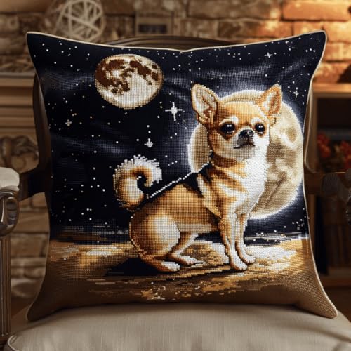 ORLUMY Diy Knüpfstern Set Chihuahua-Tier-Knüpfhaken-Kits,Hund- Und Mond-Stanznadeln,Starter-Kit,Kissen-Knüpfhaken-Bastelkits,Alle Materialien Enthalten/Diy-Bastelkits 43x43cm von ORLUMY