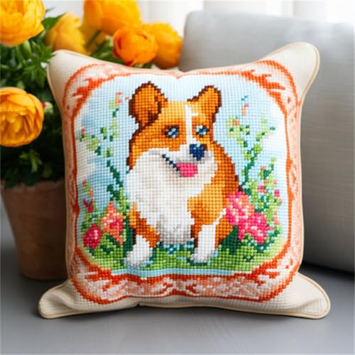 ORLUMY Diy Knüpfstern Set Corgi-Tier-Knüpfhaken-Kits,Cartoon-Hund,Diy-Knüpfhaken-Kits,Knüpfhaken-Kit,Hängende Handarbeit,Kissenbezug,Knüpfhaken-Teppich-Kit 43x43cm von ORLUMY