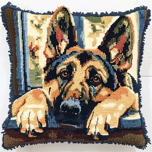 ORLUMY Diy Knüpfstern Set Deutscher Schäferhund Tier Knüpfhaken Kits Hund Am Fenster Diy Knüpfhaken Kits Knüpfhaken Kit Hängende Handarbeit Kissenbezug Knüpfhaken Teppich Kit 43x43cm von ORLUMY