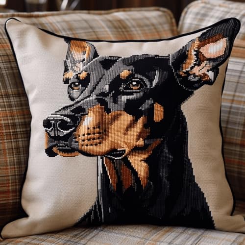 ORLUMY Diy Knüpfstern Set Dobermann Pinscher Tier Knüpfhaken Kits Fantasie Hund Punch Needles Start Kit Kissen Knüpfhaken Bastelsetsalle Materialien Enthalten/Diy Bastelsets 43x43cm von ORLUMY