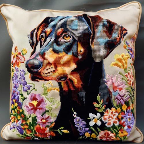 ORLUMY Diy Knüpfstern Set Dobermann Pinscher Tier Knüpfhaken Kits Hund Und Blumen Diy Knüpfhaken Kits Knüpfhaken Kit Hängende Handarbeit Kissenbezug Knüpfhaken Teppich Kit 43x43cm von ORLUMY