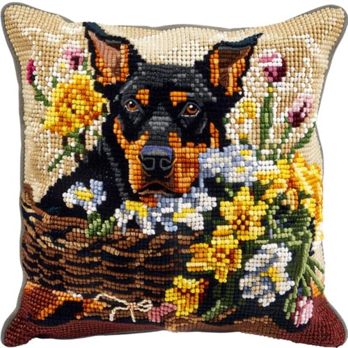 ORLUMY Diy Knüpfstern Set Dobermann Pinscher Tier Knüpfhaken Kits Hund Und Blumenkorb Punch Needles Start Kit Kissen Knüpfhaken Bastel Kits Alle Materialien Enthalten/Diy Bastel Kits 43x43cm von ORLUMY