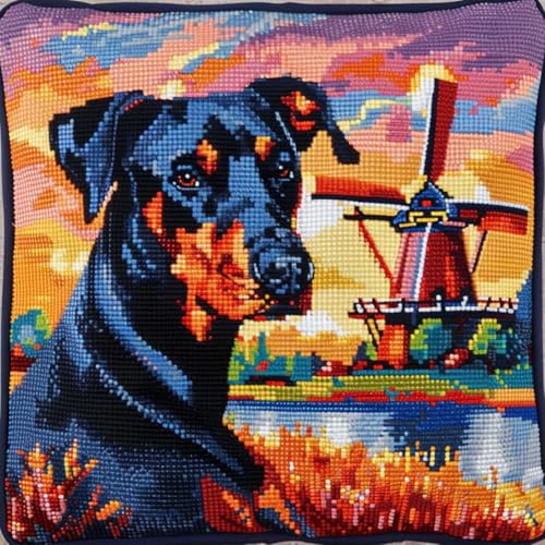 ORLUMY Diy Knüpfstern Set Dobermann Pinscher Tier Knüpfhaken Kits Hund Und Landschaft Punch Needles Start Kit Kissen Knüpfhaken Bastel Kits Alle Materialien Enthalten/Diy Bastel Kits 43x43cm von ORLUMY