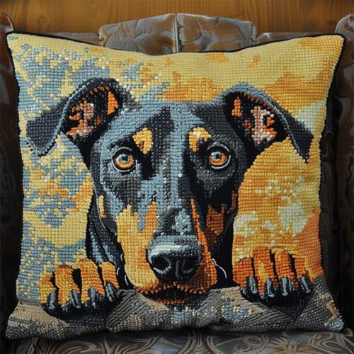 ORLUMY Diy Knüpfstern Set Dobermann Pinscher Tier Knüpfhaken Kits Hundeportrait Diy Knüpfhaken Kits Knüpfhaken Kit Hängende Handarbeit Kissenbezug Knüpfhaken Teppich Kit 43x43cm von ORLUMY