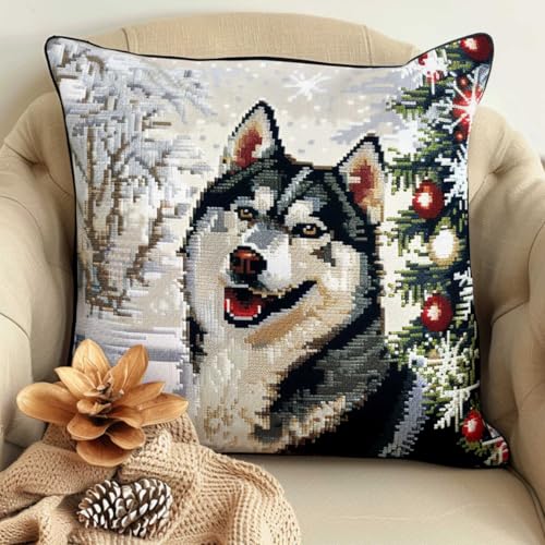 ORLUMY Diy Knüpfstern Set Husky-Hund Tier-Knüpfhaken-Kits Hund Und Weihnachtsbaum Punch Needles Start Kit Kissen Knüpfhaken Bastel-Kitsalle Materialien Enthalten/Diy Bastel-Kits 43x43cm von ORLUMY