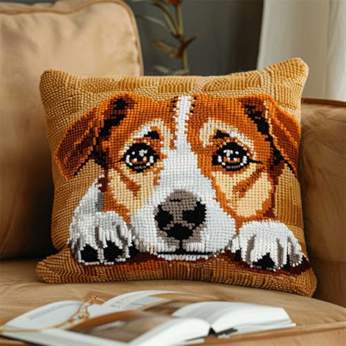 ORLUMY Diy Knüpfstern Set Jack-Russell-Terrier-Tier-Knüpfhaken-Kits,Cartoon-Hund,Stanznadeln,Starter-Kit,Kissen-Knüpfhaken-Bastel-Kits,Alle Materialien Enthalten/Diy-Bastel-Kits 43x43cm von ORLUMY