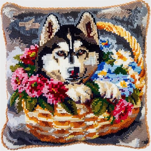 ORLUMY Diy Knüpfstern Set Knüpfhaken-Set Mit Husky-Hund,Hund Und Blumenkorb,Knüpfhaken-Set Zum Selbermachen,Knüpfhaken-Set,Hängende Handarbeit,Kissenbezug,Knüpfhaken-Teppich-Set 43x43cm von ORLUMY