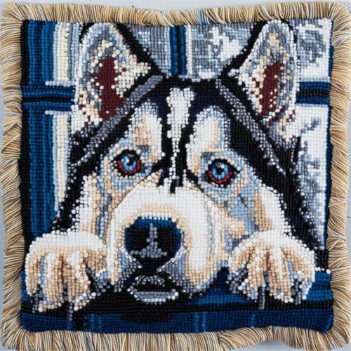 ORLUMY Diy Knüpfstern Set Knüpfhaken-Sets Mit Husky-Hund,Tier,Knüpfhaken-Set Zum Selbermachen,Knüpfhaken-Set,Hängende Handarbeit,Kissenbezug,Knüpfhaken-Teppich-Set 43x43cm von ORLUMY