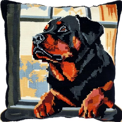 ORLUMY Diy Knüpfstern Set Knüpfpackungen Mit Rottweiler-Tiermotiv,Hund Am Fenster,Stanznadeln,Startpackung,Knüpfpackung Mit Kissen,Alle Materialien Enthalten/Bastelpackungen Zum Selbermachen 43x43cm von ORLUMY