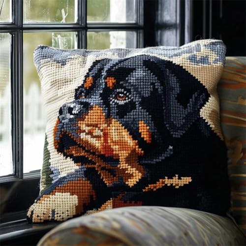 ORLUMY Diy Knüpfstern Set Rottweiler Tier Knüpfhaken Kits Hundeportrait Diy Knüpfhaken Kits Knüpfhaken Kit Hängende Handarbeit Kissenbezug Knüpfhaken Teppich Kit 43x43cm von ORLUMY