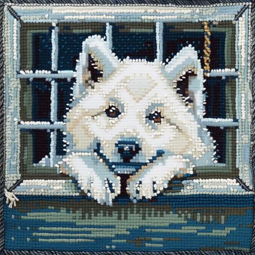 ORLUMY Diy Knüpfstern Set Samojede Hund Tier Knüpfhaken Kits Hund Am Fenster Diy Knüpfhaken Kits Knüpfhaken Kit Hängende Handarbeit Kissenbezug Knüpfhaken Teppich Kit 43x43cm von ORLUMY