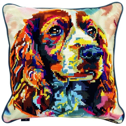 ORLUMY Diy Knüpfstern Set Spaniel-Tier-Knüpfhaken-Kits,Farbige Hunde-Stanznadeln,Starter-Kit,Kissen-Knüpfhaken-Bastelkits,Alle Materialien Enthalten/Diy-Bastelkits 43x43cm von ORLUMY