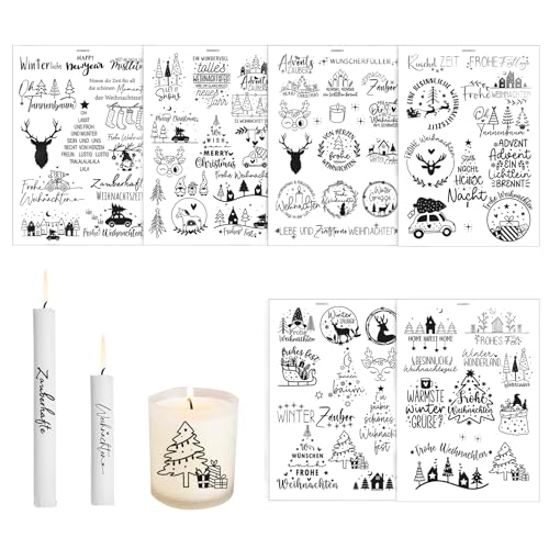 ORUZA Kerzentattoos Weihnachten, 6 Stück Kerzen Tattoo Folie DIY Kerzensticker, Selbstklebend DIY Tattoo Stickerbogen für Stabkerzen und DIY Geschenk, Schwarz von ORUZA