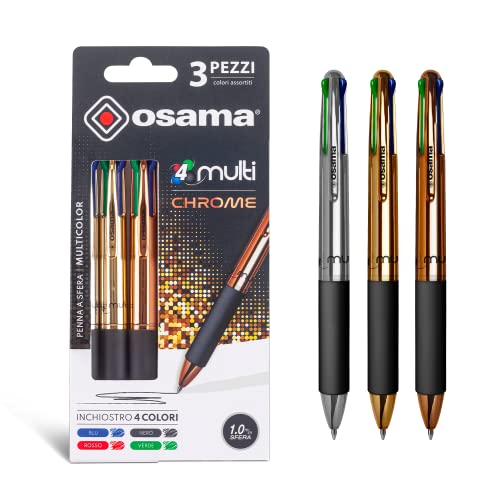 Osama 4 Multi – Set Druckkugelschreiber 4 Farben 3 Stück 4-Farben-Kugelschreiber 0,1 mm mit schwarzer, blauer, roter und grüner Tinte Ideal für Schreib- und Schulbedarf, Universität, Büro, Verchromter von OSAMA