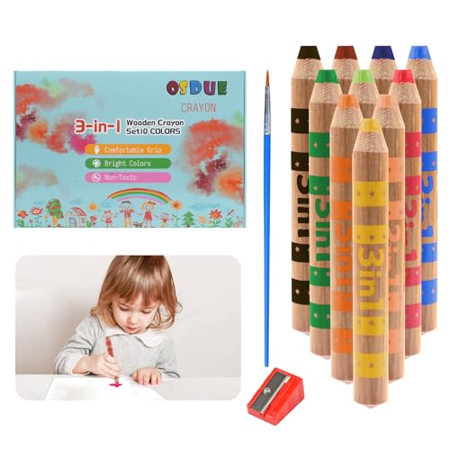 OSDUE 3 In 1 Farbstifte Set, 10 Farben Wachsmalstifte aus Paraffin, Dicke Buntstifte Set inklusive Pinsel und Anspitzer, Ungiftige Waschbare sichere Kleinkindmalstifte für Kinder ab 3 Jahren von OSDUE