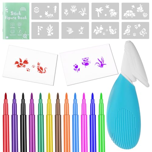 OSDUE Airbrush-Magie Stifte, Farbsprühstift, Farben Sprühen, Airbrush Rainbow, Pustestifte, Airbrush Set Kinder mit 12 Filzstiften & 8 Schablonen, Insgesamt 22-teiliges Set, Blau von OSDUE