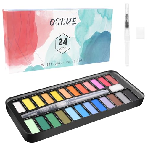 OSDUE Aquarellfarben Set, 24 Farben Gouache Farben Set, Aquarell Farbkasten, Aquarell Malkasten mit Wassertankpinsel, Pinsel, Schwamm, Perfektes Reise-Wasserfarben Set für Anfänger/Künstler/Studenten von OSDUE