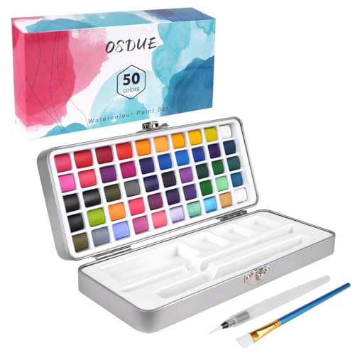 OSDUE Aquarellfarben Set, 50 Farben Gouache Farben Set, Aquarell Farbkasten, Aquarell Malkasten mit Wassertankpinsel, Pinsel, Schwamm, Perfektes Reise-Wasserfarben Set für Anfänger/Künstler/Studenten von OSDUE