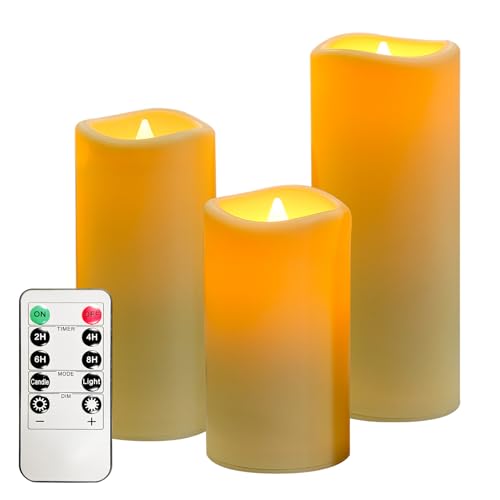 OSHINE Wasserdichte flammenlose LED-Kerzen, Set mit 3 Stück, D2,2 x H12,7cm, 15,2 cm, 17,8 cm, batteriebetriebene flackernde Kerzen, für den Außenbereich mit Fernbedienung, Timer-Funktion von OSHINE