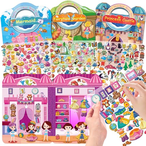 OSIMIG 4 Set Dress Me Up Stickerbuch Mädchen Wiederverwendbare Stickerbücher, 220+ 3D Puffy Sticker Kinder, Immer Wieder Stickerbuch inklusive Prinzessin, Meerjungfrau, Fee, Modemädchen von OSIMIG