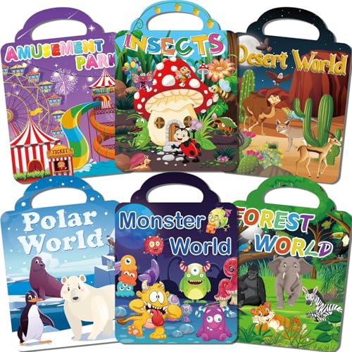 OSIMIG 6 Set Wiederverwendbare Stickerbücher, 340+ 3D Puffy Sticker Kinder, Immer Wieder Stickerbuch Wiederverwendbar inklusive Monsterwelt, Insekten, Wald, Wüste, Polarwelt, Freizeitpark von OSIMIG