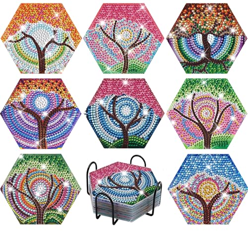 OSLEY 8 Stück Diamond Painting Untersetzer mit Halter, DIY Acryl Kunsthandwerk Diamond Painting Untersetzer Kits für Anfänger, Erwachsene, Kinder von OSLEY